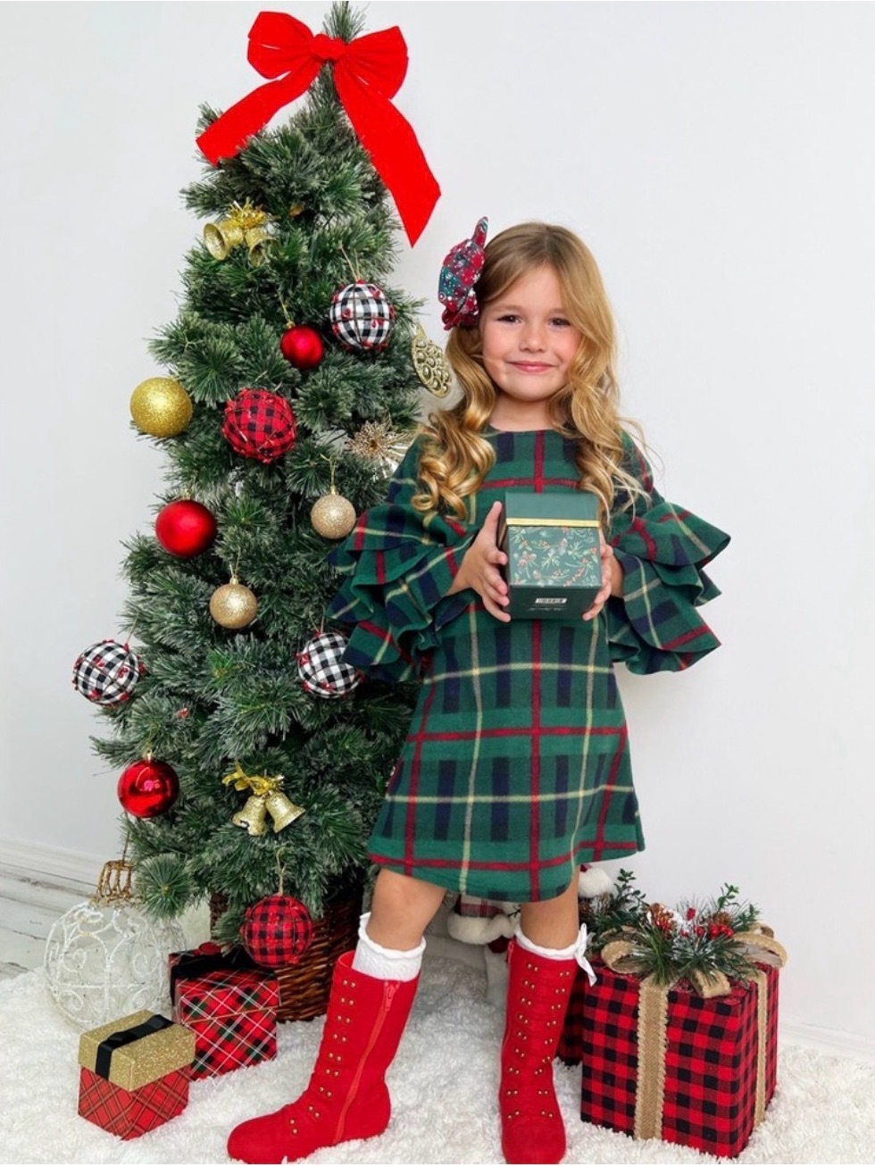 Nwt Mia Belle Girls Classic Green Plaid Holiday Dress With Ruffle Sleeves - Kids — image 4 of 8